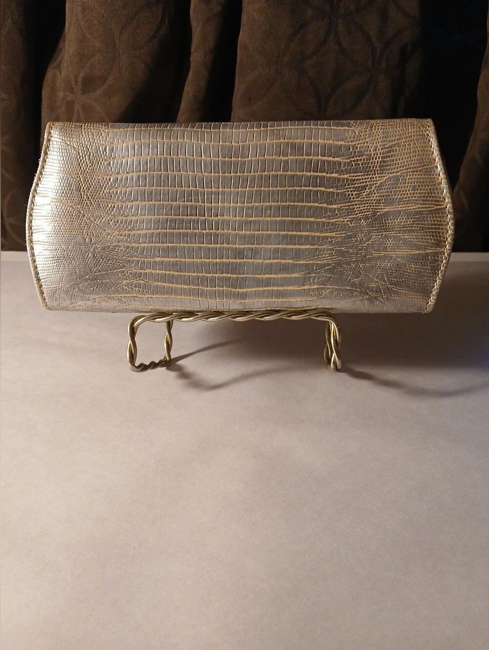 Judith Leiber Metallic Gold Lizzard Embossed Leather  Crystal Evening Clutch